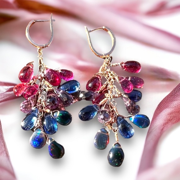 Natural Rainbow Gemstone: Opal Tourmaline Ruby Earrings in Solid 18K Rose Gold - Picture 9 of 15
